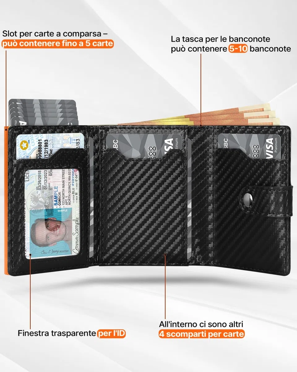 Portafoglio Uomo Slim RFID Blocking, Fibra di Carbonio Porta Carte di Credito Uomo - ID Window, Tasca Portamonete con Cerniera, Scomparto per Banconota, Confezione Regalo - Nero Arancione