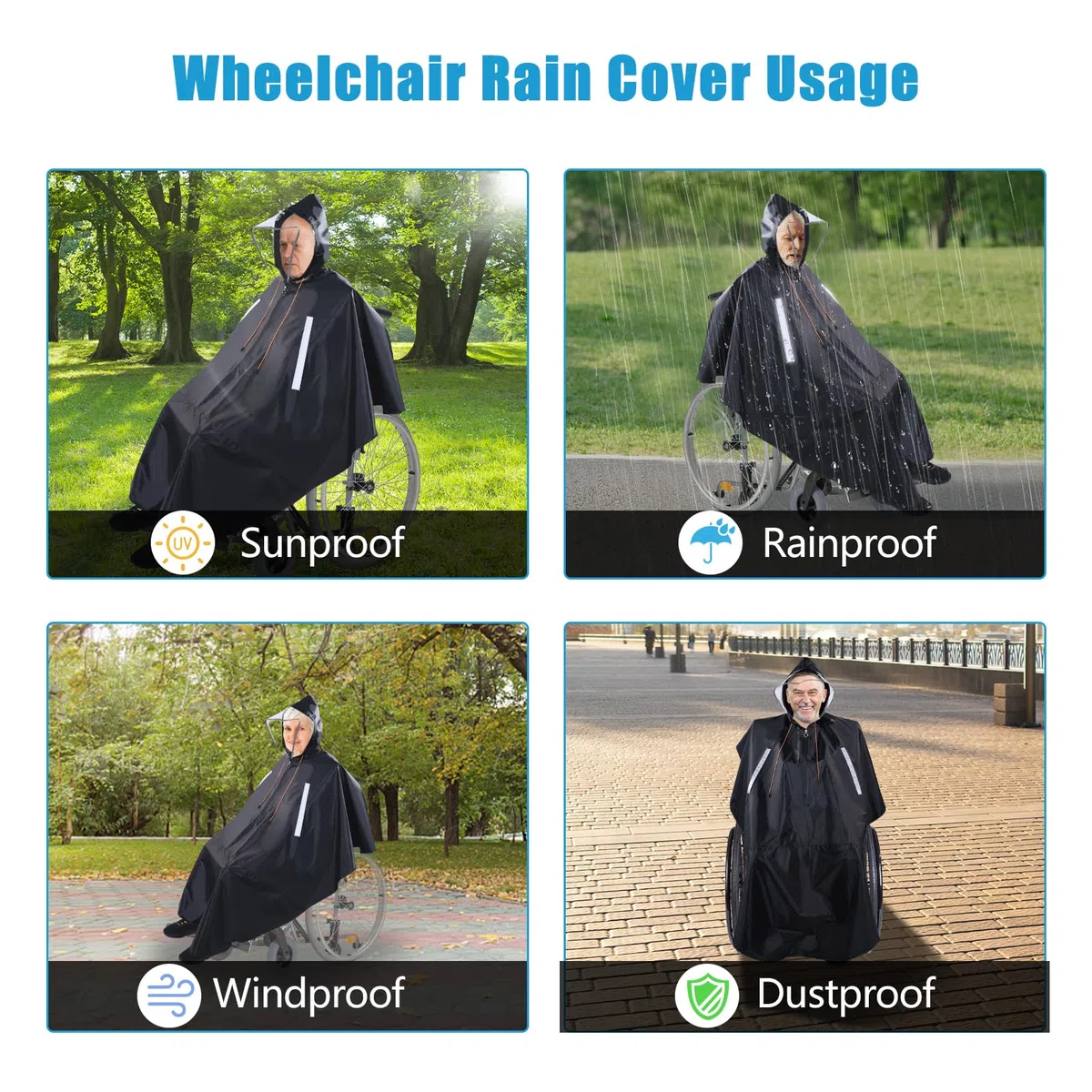 Poncho Impermeabile per Sedie a Rotelle con cappuccio semitrasparente e cerniera impermeabile, Mantella Antipioggia Universale con strisce riflettenti per scooter elettrici e di mobilità
