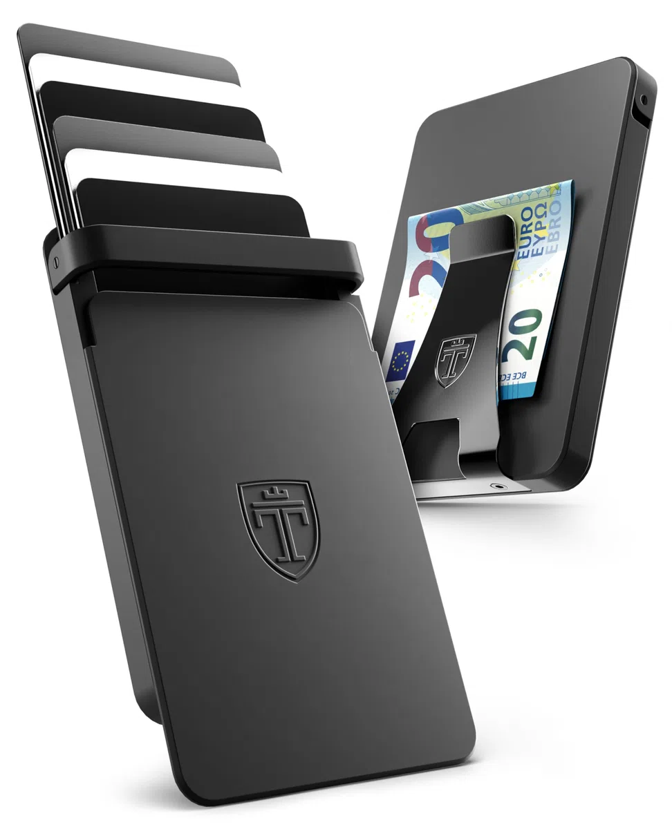 TRAVANDO SLYDE portacarte in alluminio con protezione RFID – porta carte con fermasoldi per 9 carte – astuccio per carte di credito, portafoglio da uomo, slim wallet (8-9 Carte)