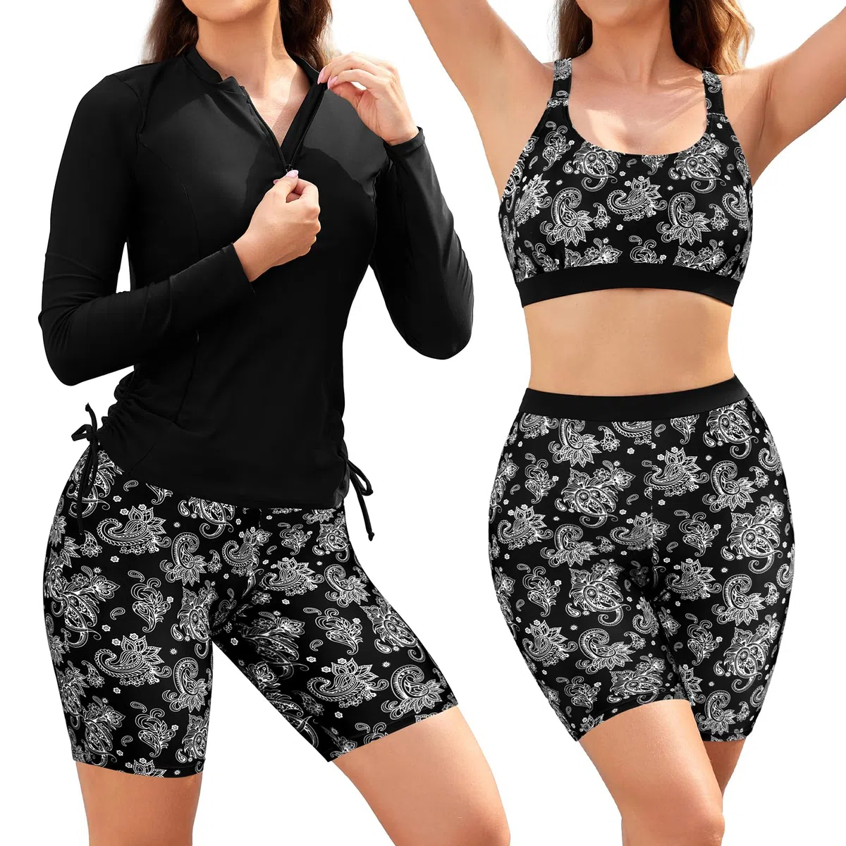 SHEKINI Rashguard, set da 3 pezzi, costume da bagno da donna, con reggiseno integrato, canotta a maniche lunghe, con chiusura lampo