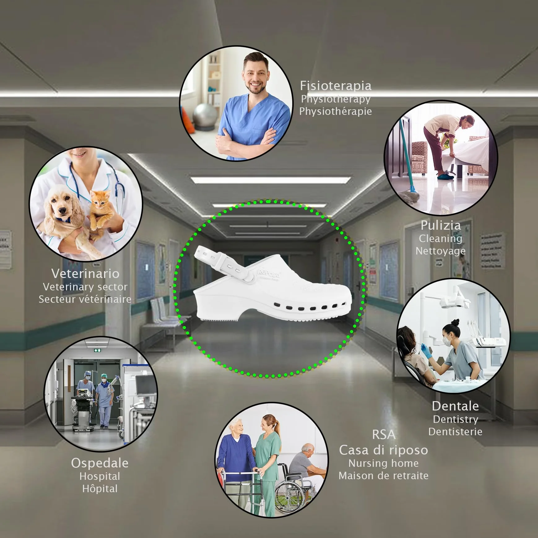 REPOSA Complete - Zoccoli Sanitari Donna e Uomo in Gomma SEBS Senza Lattice, Ciabatte Sanitarie Anatomiche con Laccetto Regolabile, Scarpe Sanitarie Infermieri Sterilizzabili, Antishock e Traspiranti