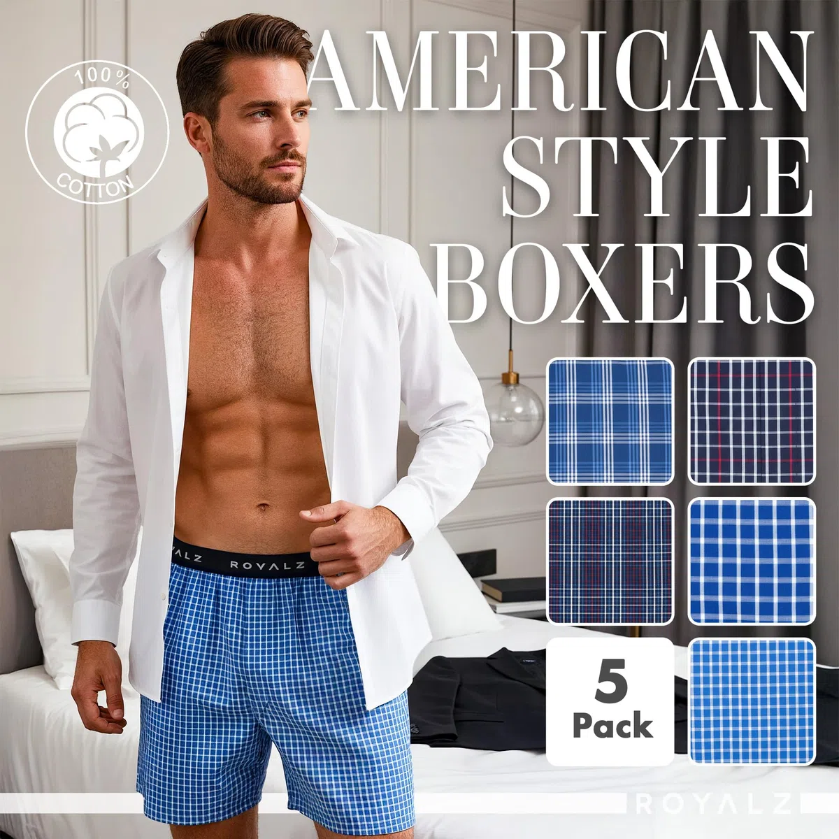 ROYALZ Boxer Uomo Cotone 100 per Cento (Confezione da 5 Pezzi) - Mutande Boxer Americani Uomo Larghi - Briefs Intimo con Motivo a Quadri Blu