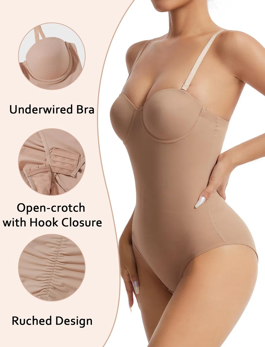 FEOYA Body modellante da donna per controllo della pancia, senza spalline, body modellante con reggiseno modellante e spalline rimovibili, schiena bassa, gilet dimagrante