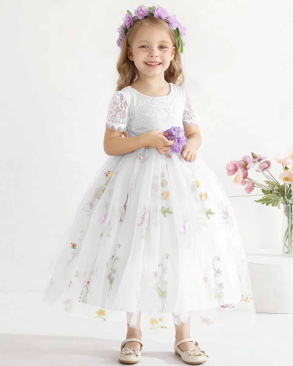 Fiore Vestito per Ragazze Abito in Tulle Abito Pizzo Indietro Principessa Compleanno Tutu Tulle Vestito Cerimonia Elegante Bambina Festivo Damigella d'Onore Festa di Nozze Abito da Ballo 2-8 Anno