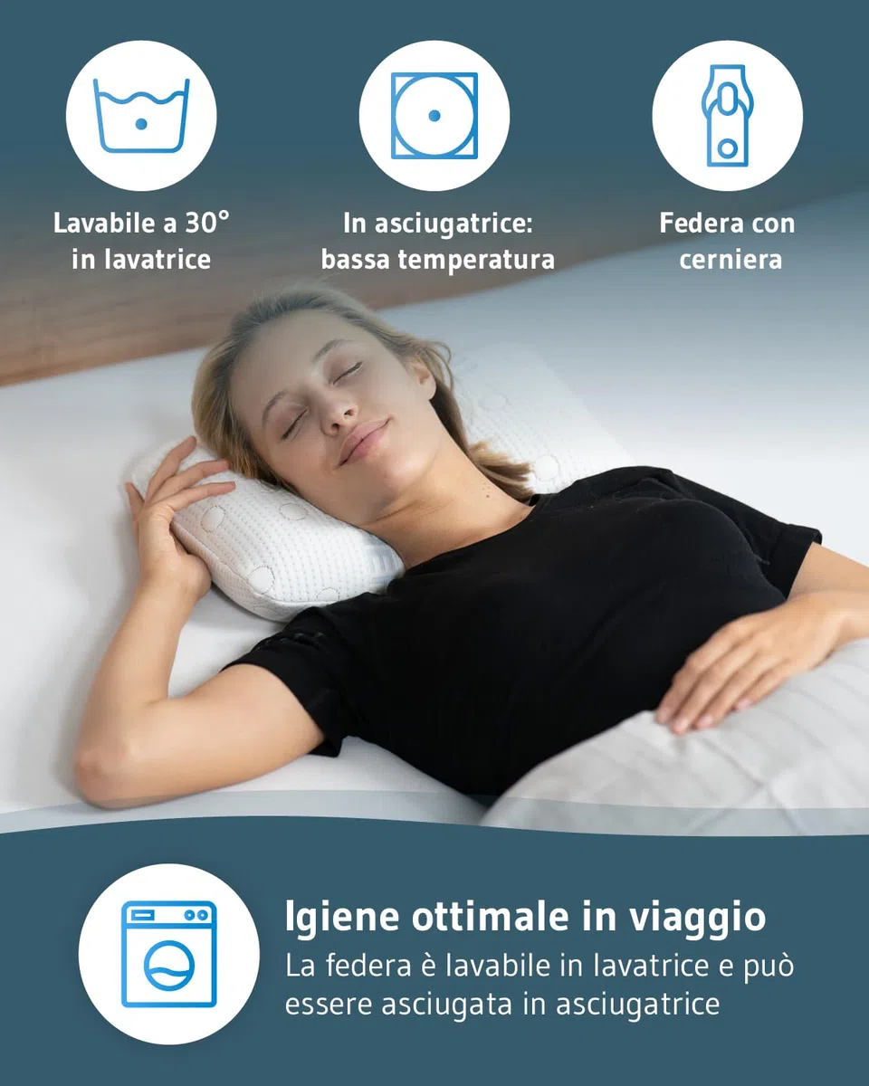Third of Life VOLAR Cuscino da viaggio in memory foam, Piccolo cuscino cervicale ergonomico e ortopedico, Federa termoregolante, Poggiatesta per viaggiare o per dormire in campeggio, 40x25x10cm