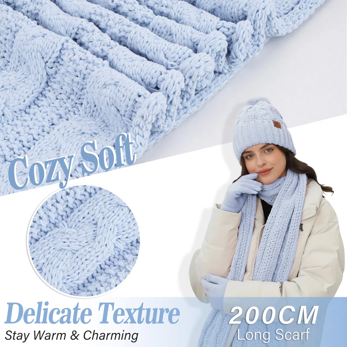 ZASFOU Donna Cappello Invernale Sciarpa Guanti Touch Screen Set Caldo Ciniglia Pompon Maglia Berretto Cappelli Pile Foderati Scaldacollo Guanto Regalo per Donna