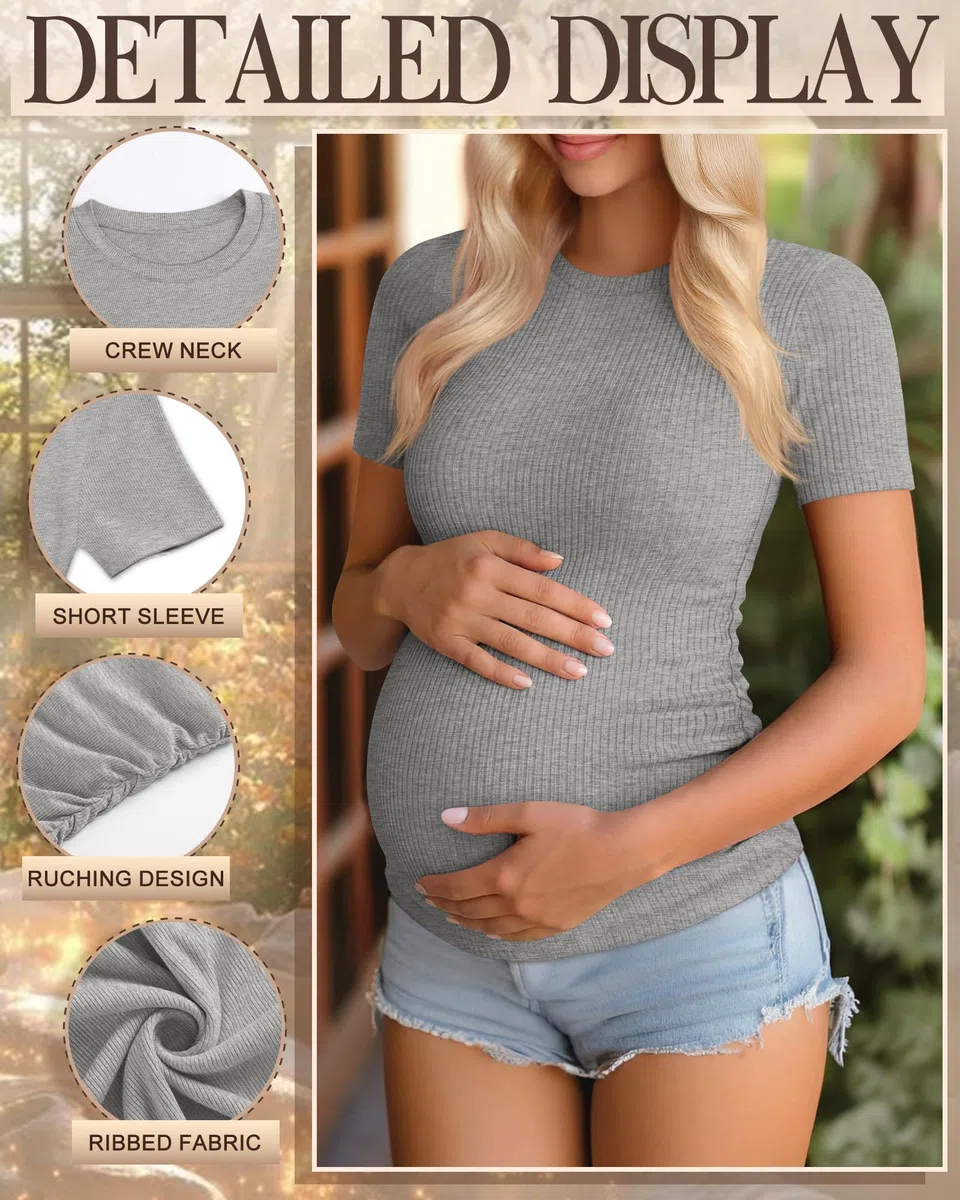 Ficerd Pacco da 3 Maglie maternità Donna in Cotone: Top Gravidanza a Maniche Corte, con Pieghe Laterali e Tessuto a Costine