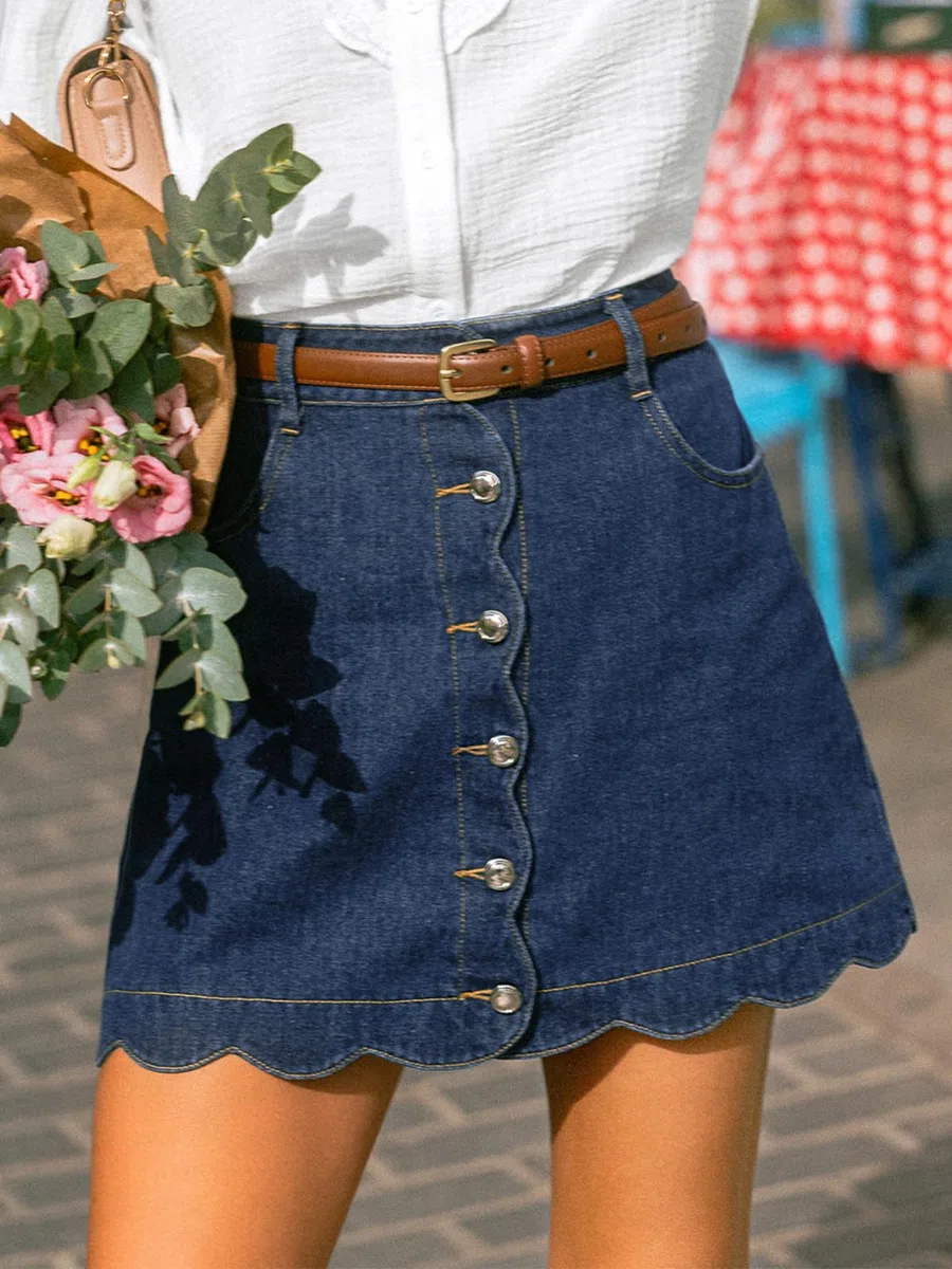 CUPSHE Gonna da donna in denim, casual, a vita alta, linea ad A, orlo smerlato, mini gonna di jeans con tasche