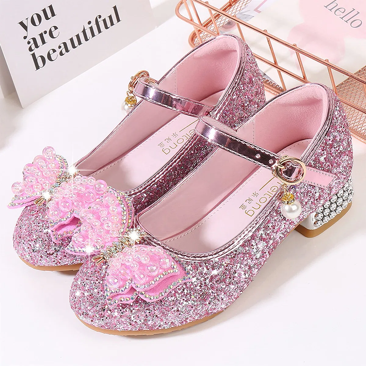 Principessa Scarpe con Tacco da Bambine e Ragazze con Fiocchi Scarpe da Principessa con Paillettes Ragazza Ballerine Glitterate Scarpe Eleganti Partito e Carnevale，Rosa