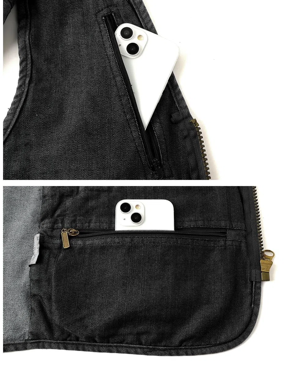 Gilet di Jeans da Uomo Multi-Tasca Gilet Moto Giacca Denim Vintage Smanicato Jeans Giubbino da Lavoro con Cerniera