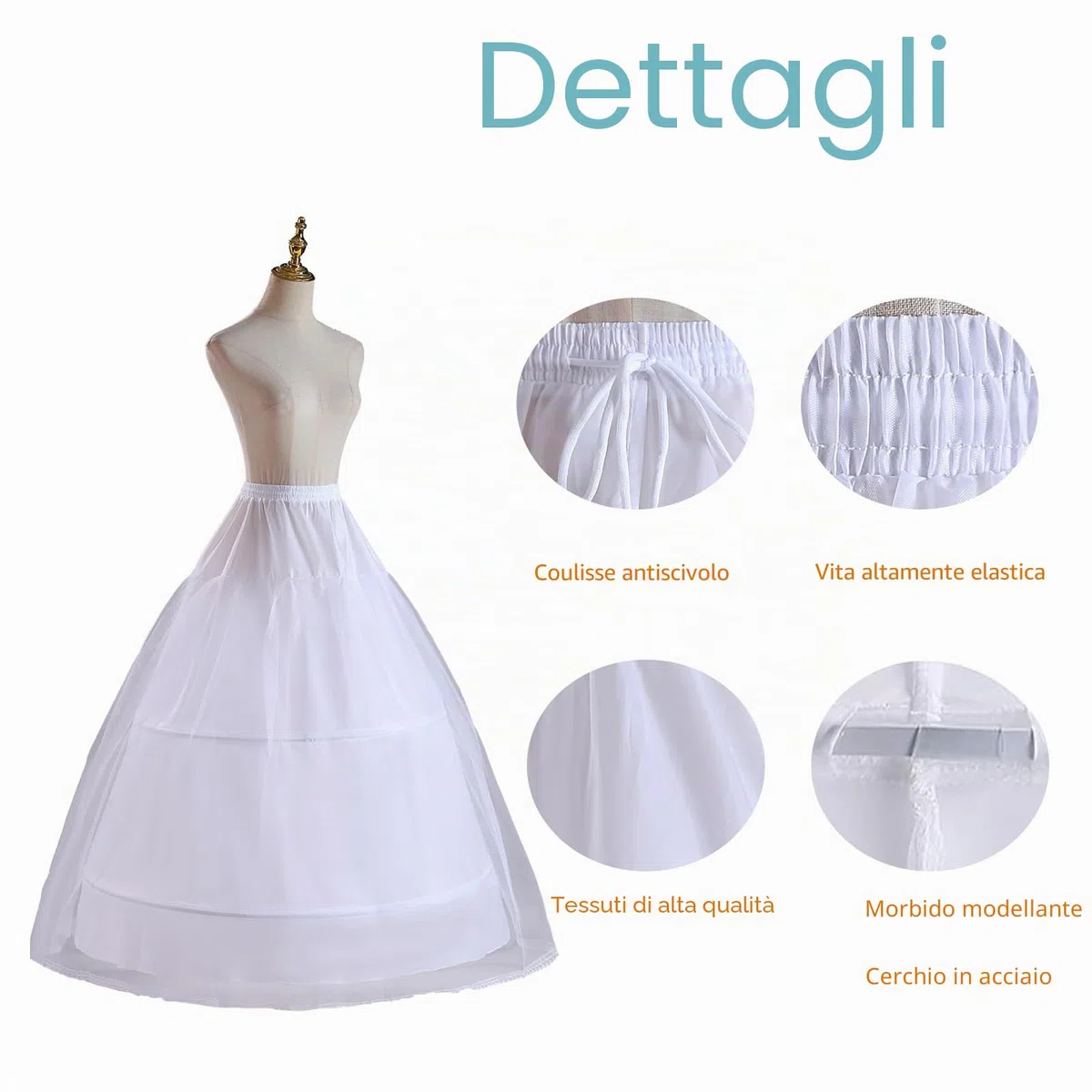 Abito Sposa Sottoveste Gonna, 3 Cerchio Crinolina Cerchi Sottogonna, Donne 3 Cerchi Sottoveste Regolabile, Vintage, Sottogonna per Abito da Sposa Abito da Ballo, Bianca