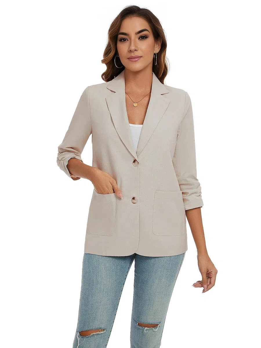 Blazer da donna a 3/4 con maniche increspate in cotone e lino, leggero, estivo, giacche eleganti con tasche con bottoni