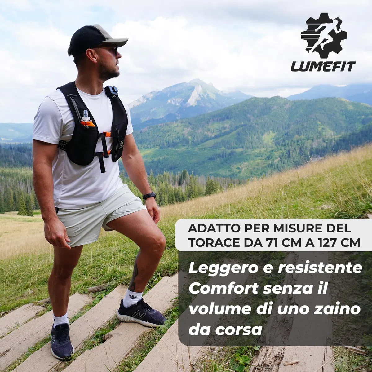 LUMEFIT Gilet Running Riflettente con Bottiglia d'Acqua 500 ml, Gilet da Corsa Traspirante Uomo Donna, Tasche Multiple e Cintura Regolabile, Running Vest per Ciclismo, Escursionismo, Trekking, Trail