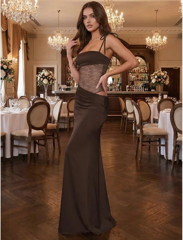 Vestito Lungo Donna Sexy Spaghetti Strap Abito in Pizzo Patchwork Estivo Senza Maniche Collo Quadrato Vestiti Elegante Aderente Maxi Abiti con Spacco per Sera Cerimonia Festa Cocktail