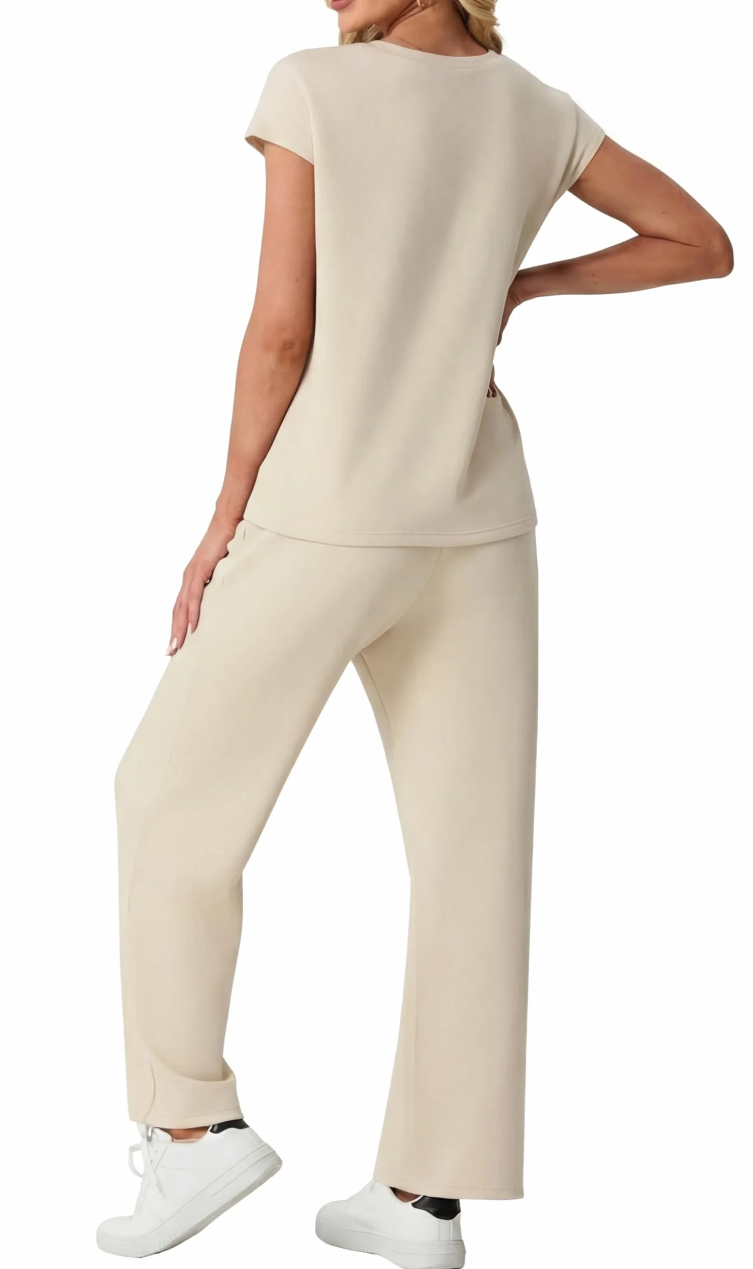 GRECERELLE Tuta da donna, set completo estivo a maniche corte, abbigliamento da salotto per donna, abiti a due pezzi, casual, girocollo, top da donna e pantaloni sportivi da palestra con tasche