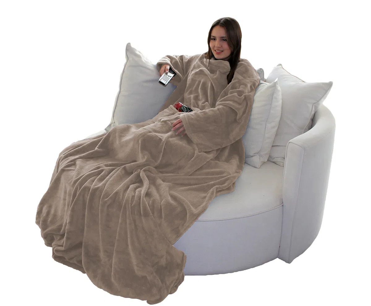 Brandsseller - Coperta per TV morbida con maniche a effetto cashmere, sacca copri piedi e 2 tasche, 150 x 180 cm, grigio tortora
