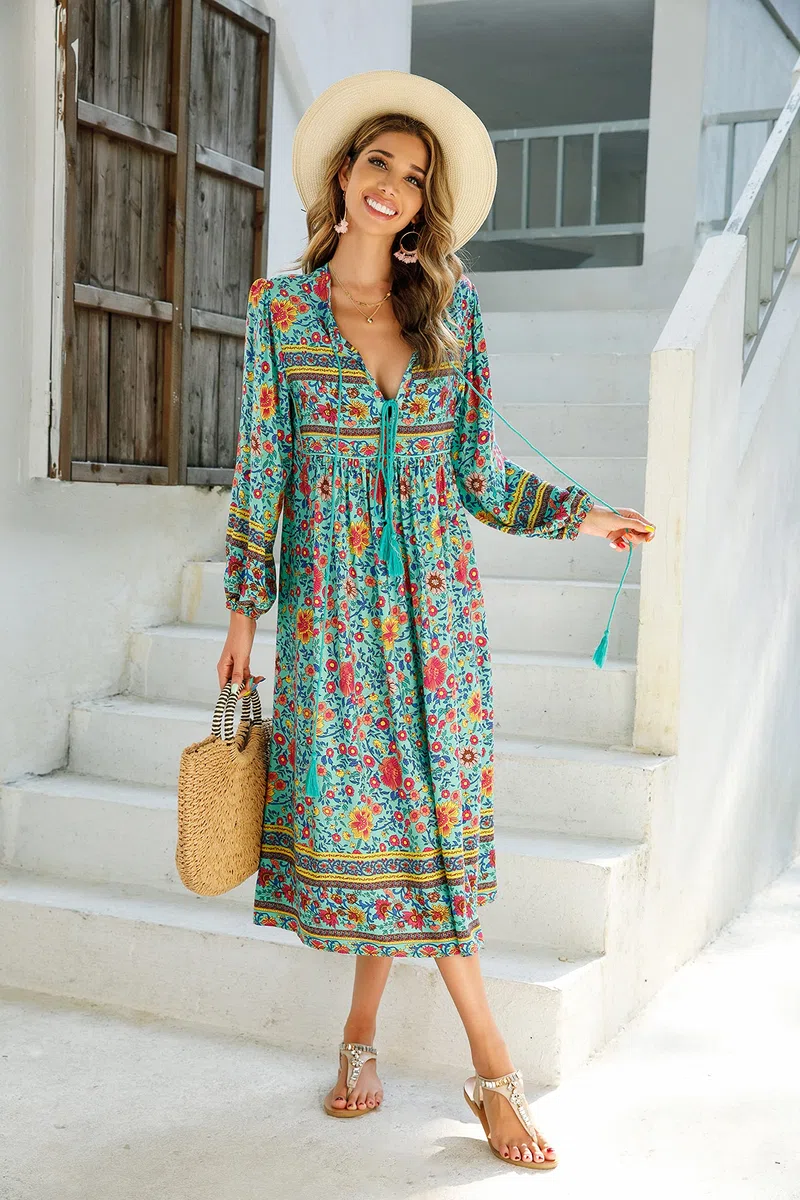 R.Vivimos Donne Eleganti Casual Bohemian Print Neck Tie Maniche Lunghe Abito da Spiaggia Lungo Midi Vestito Vacanze
