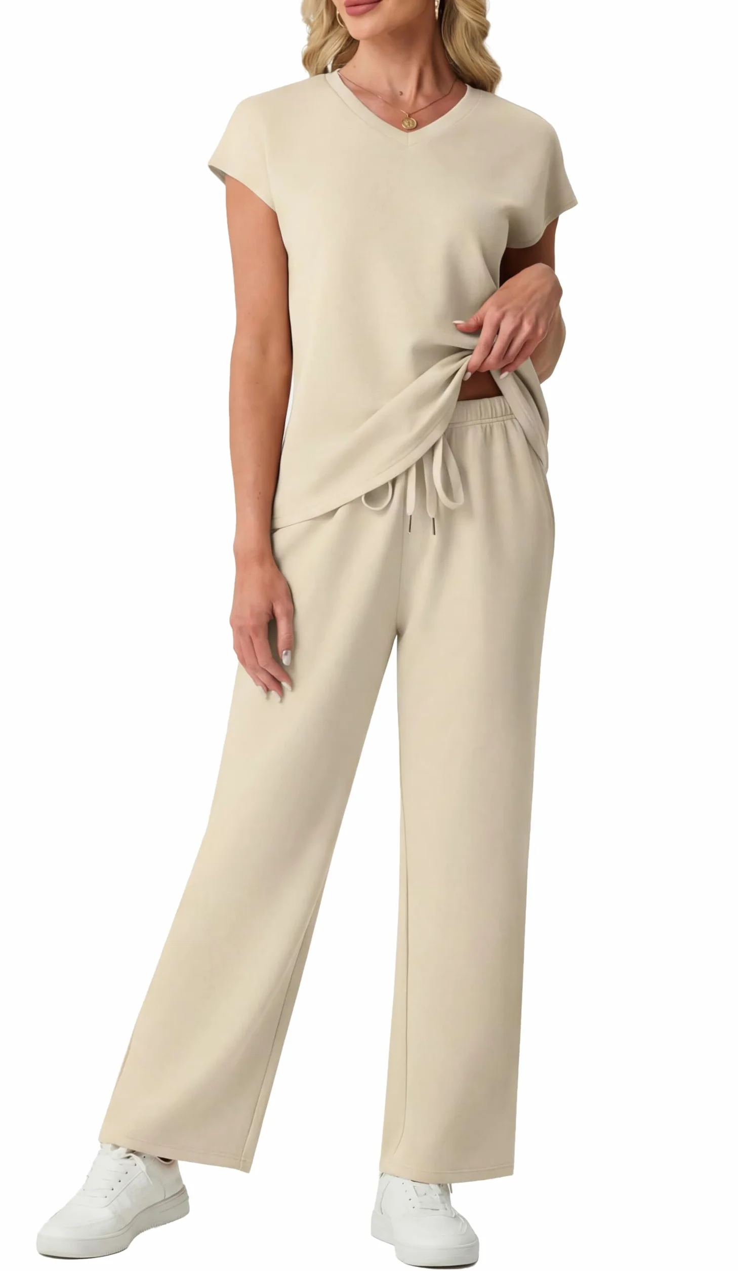 GRECERELLE Tuta da donna, set completo estivo a maniche corte, abbigliamento da salotto per donna, abiti a due pezzi, casual, girocollo, top da donna e pantaloni sportivi da palestra con tasche