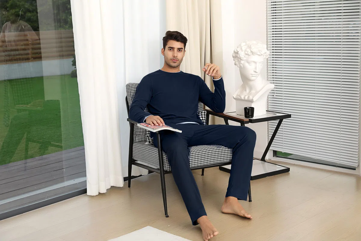 Aseniza Pigiama da Uomo Invernale, Pigiama a Maniche Lunghe in Cotone Semplice ed Elegante Pigiama Morbido Loungewear