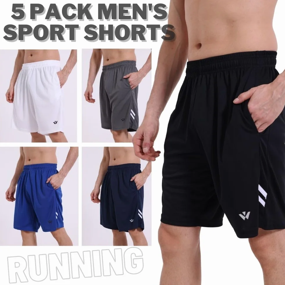 Confezione da 5 pantaloncini sportivi da uomo con tasche ed elastico in vita, pantaloncini da allenamento e da corsa ad asciugatura rapida