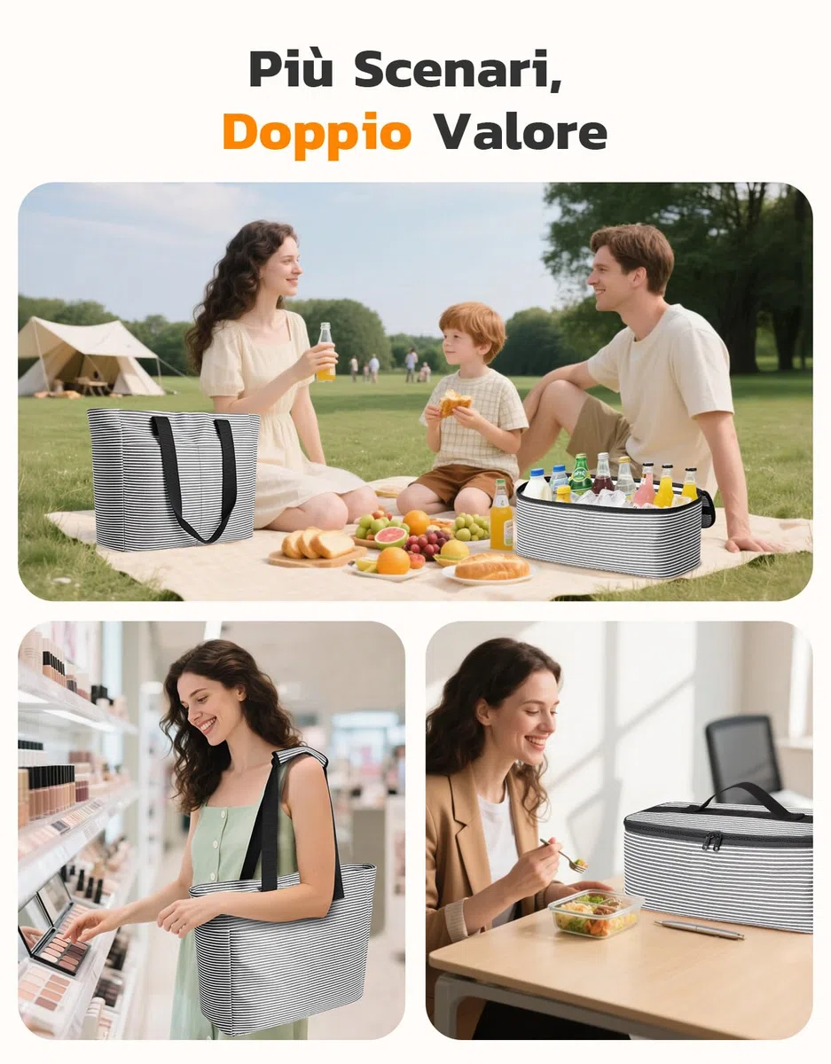 ISEYOU Borsa Mare Donna Grande & Borsa Frigo di Set, Borse Mare Resistente all'Acqua da 45L con Chiusura a Cerniera, Borsa Spiaggia XXL Famiglia Pieghevole, con 8 Tasche per Piscina, Picnic e Viaggi