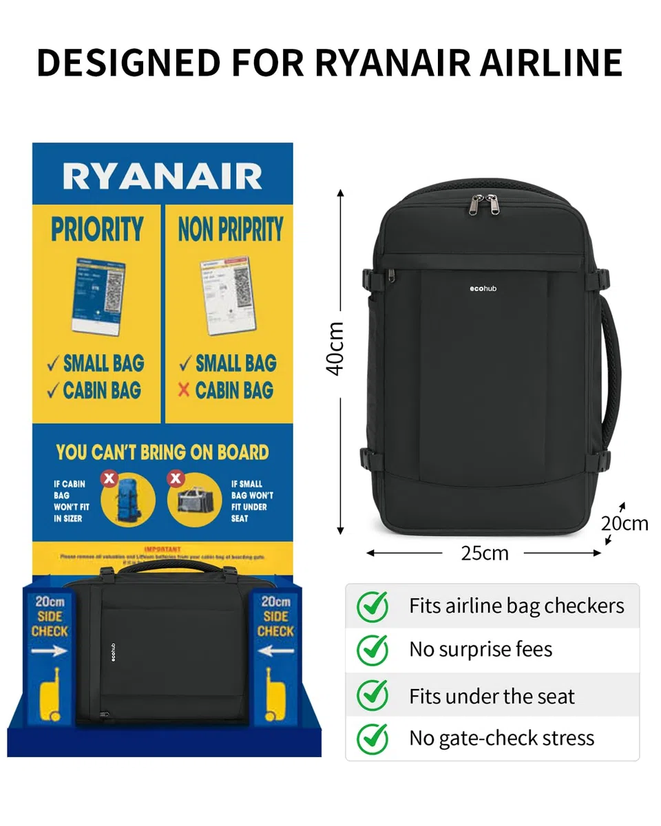 ECOHUB 20L Zaino Ryanair 40x20x25, Zaino Da Viaggio Aereo Bagaglio a Mano Con Scomparto Per Laptop 3D, Resistente all'Acqua Bagaglio a Mano 40x20x25 Ryanair, Riciclato Zaino Viaggio Donna Uomo, Nero