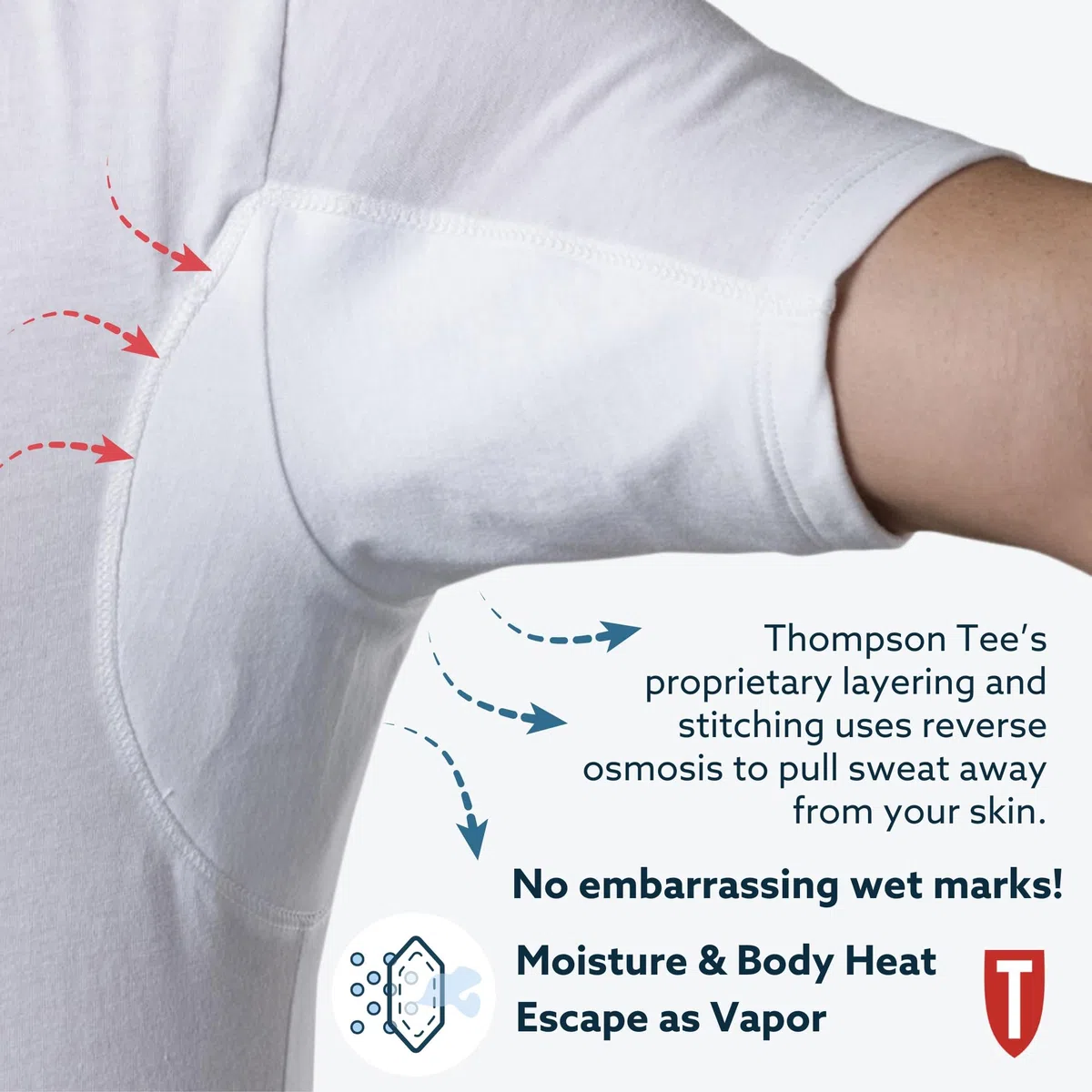 Thompson Tee - Maglia Intima blocca-Sudore - con Pad sotto-Manica Anti-Sudore - Modello Originale - Girocollo