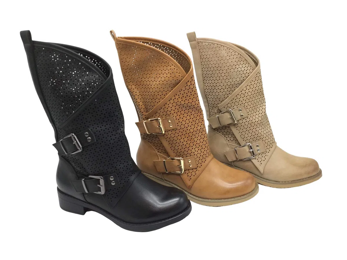 Stivali Primaverili Estivi da Donna Traforati Biker Motociclista Moda Nero Nuovi Estate novità Nero Beige Tacco Basso Comodi Fibbia YY6821