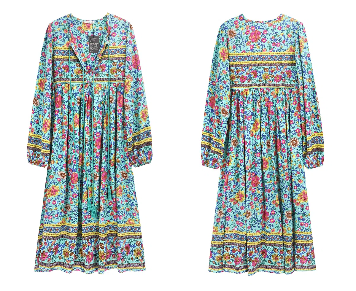 R.Vivimos Donne Eleganti Casual Bohemian Print Neck Tie Maniche Lunghe Abito da Spiaggia Lungo Midi Vestito Vacanze