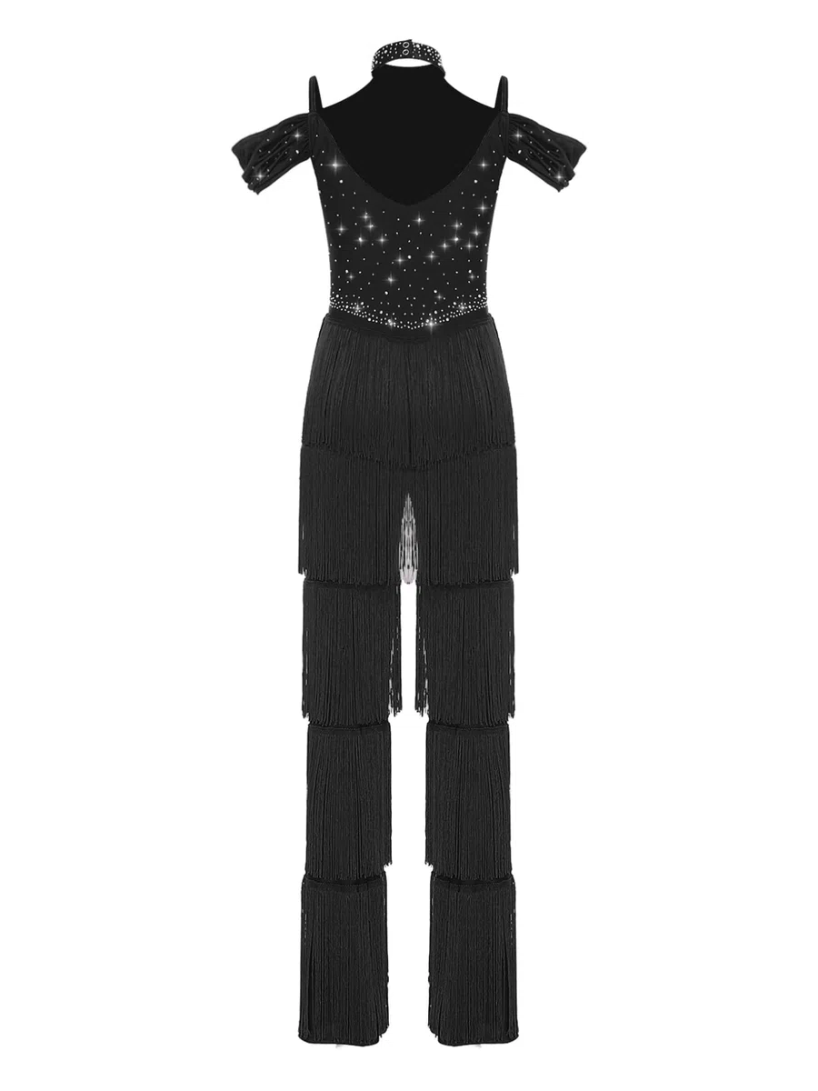 Freebily Tuta Intera da Ballo Latino Americano Tango Donna con Nappe Strass Body Ginnastica Ritmica Body Danza Classica Moderna Samba Salsa Jumpsuit da Pattinaggio