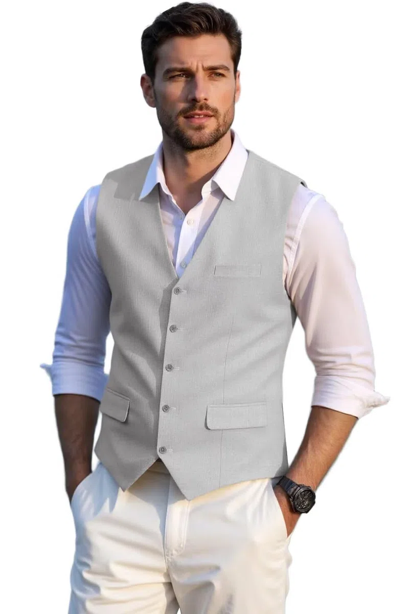 Solovedress Gilet da uomo, elegante, da uomo, estivo, in lino, per matrimoni e feste