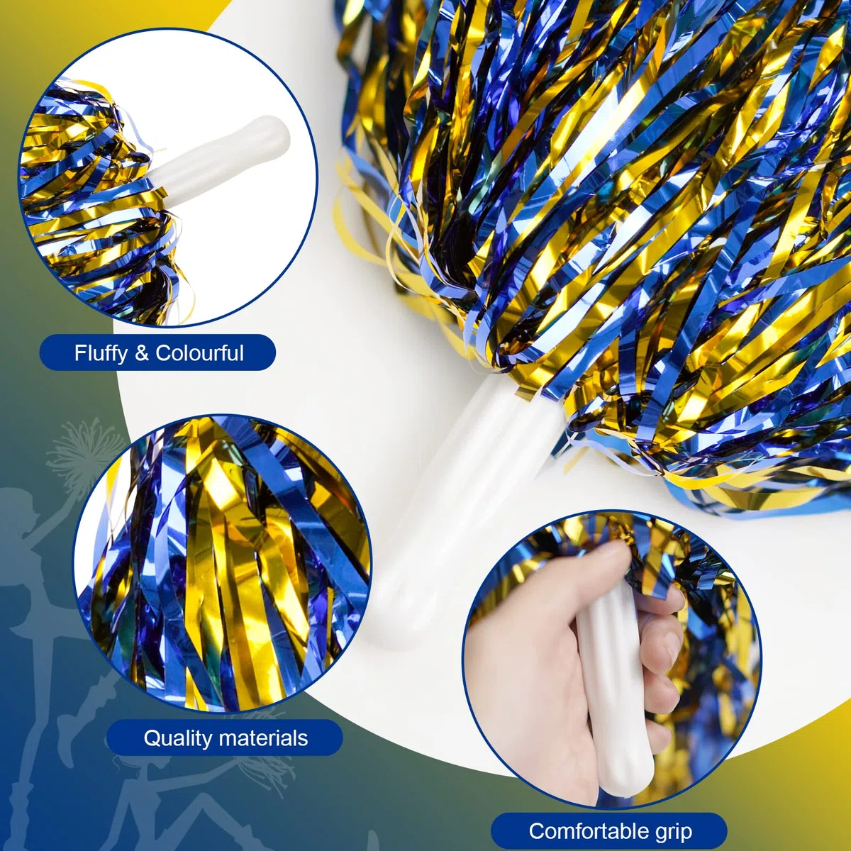 24 pompon da cheerleading metallici, per bambini, cheerleader, pom pom poms con manico per bacchetta, per adulti, squadra, sport, gioco di danza (oro e blu)