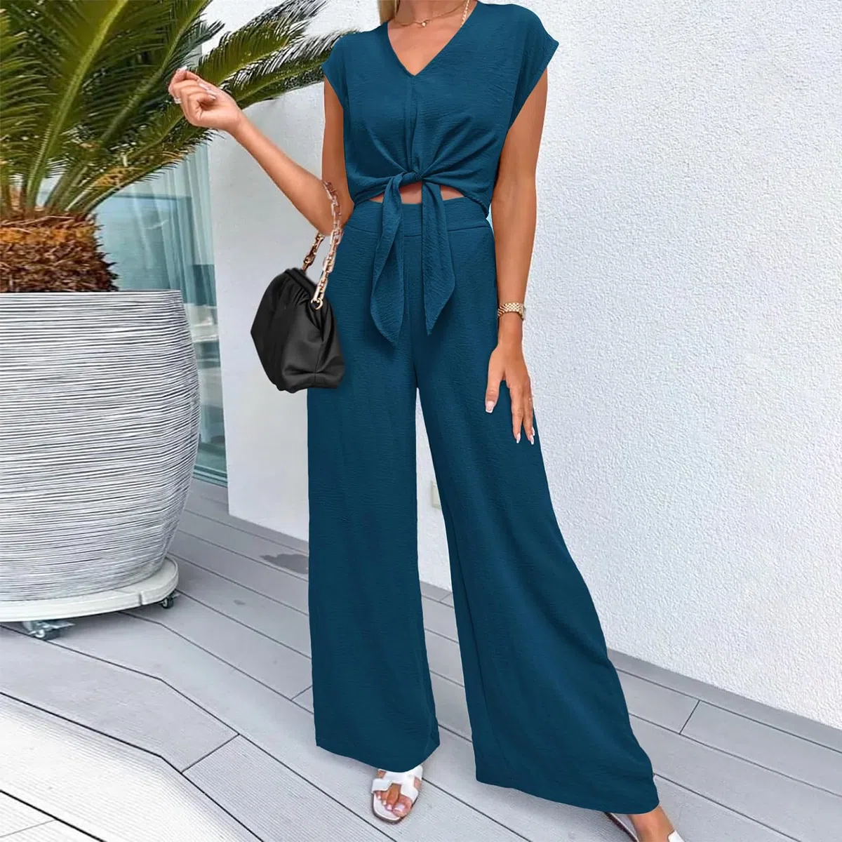 amropi Donna Tuta a Maniche Corte con Scollo a V Papillon Pantaloni a Gamba Larga Estate Loungewear Set