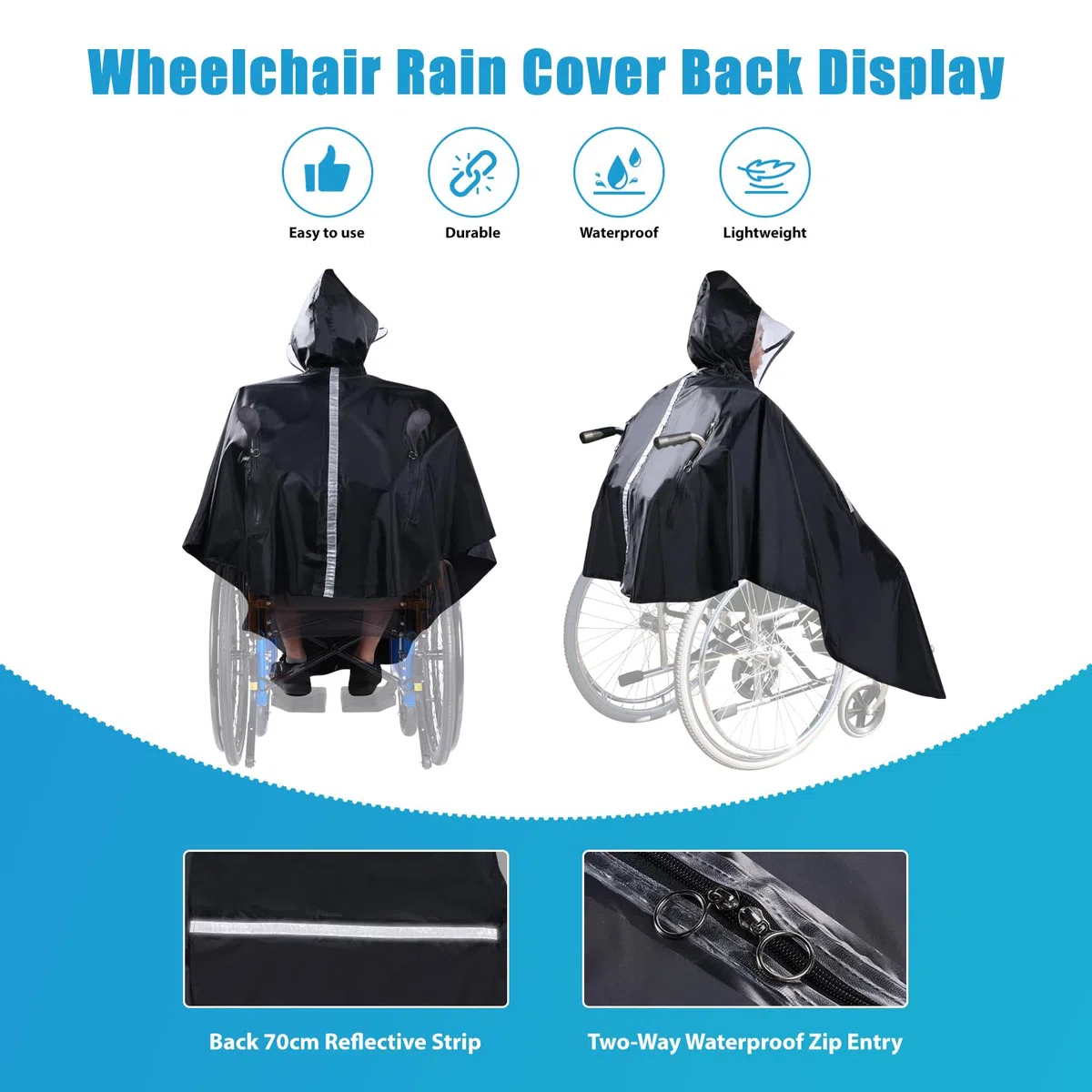 Poncho Impermeabile per Sedie a Rotelle con cappuccio semitrasparente e cerniera impermeabile, Mantella Antipioggia Universale con strisce riflettenti per scooter elettrici e di mobilità