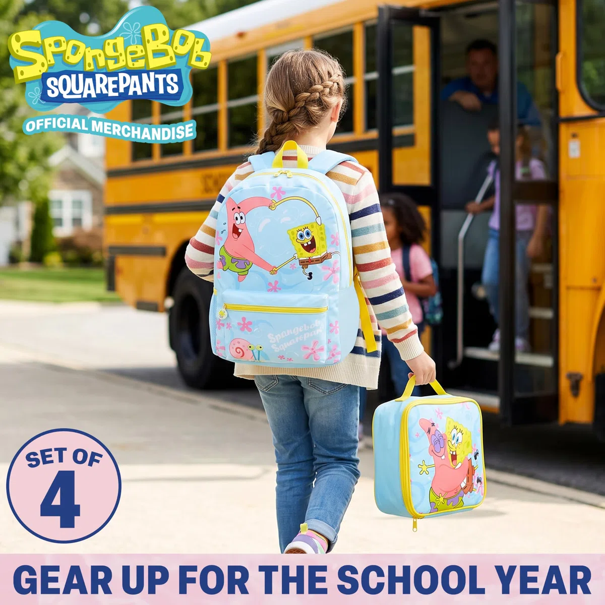 Get Trend SpongeBob Zaino Ragazza Set, 4 Pc con Zaino Scuola, Borsa Termica Porta Pranzo, Borraccia con Cannuccia e Astuccio, Regalo Bambina (Azzurro/Giallo SpongeBob)