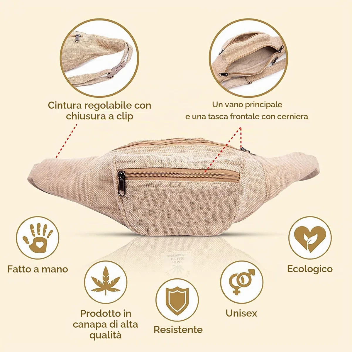 Freakmandu Marsupio di Canapa Unisex - Marsupio a Vita Incrociata Marsupio Fatto a Mano in Stile Bohémien Hippie per Uomo e Donna
