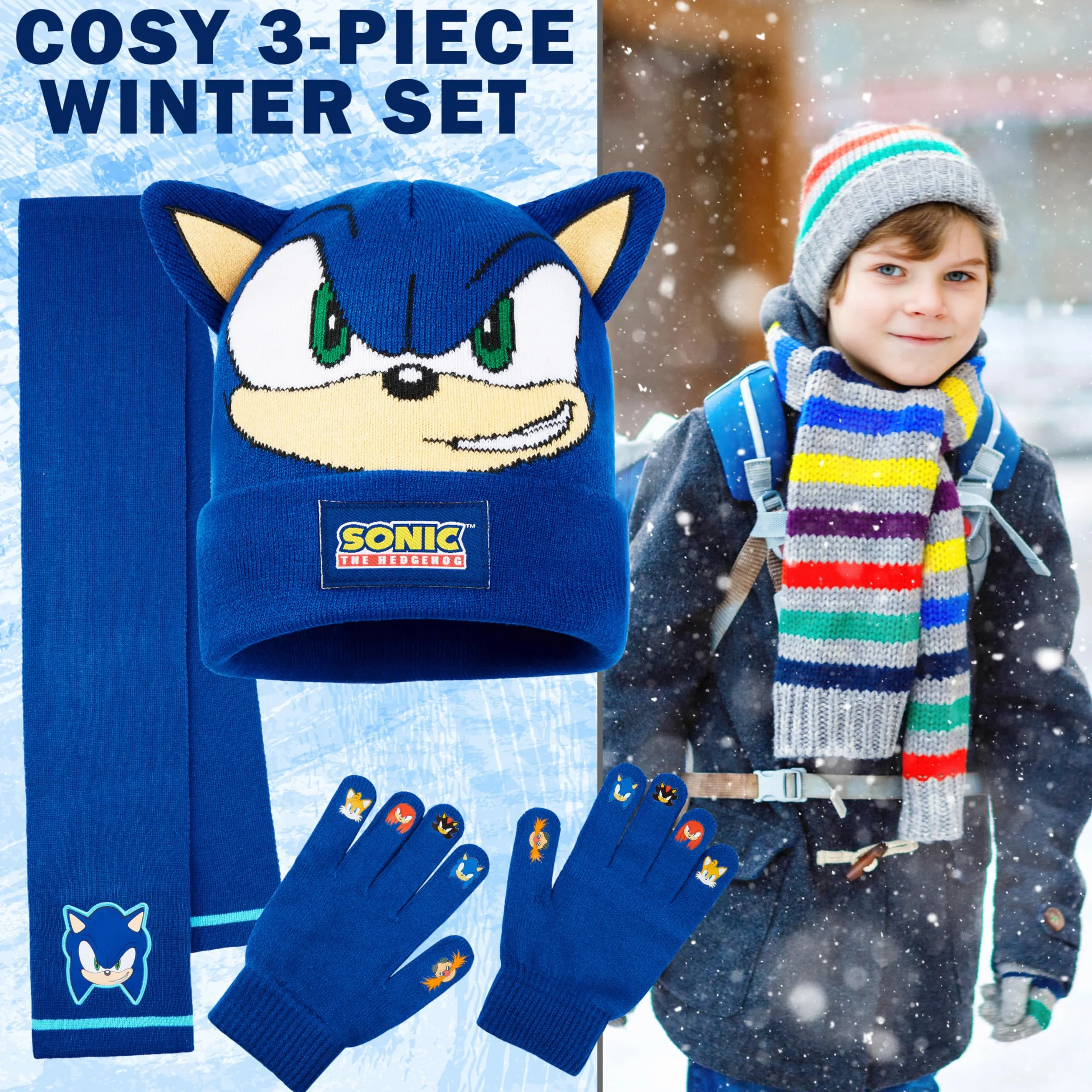 Get Trend SONIC THE HEDGEHOG Set Guanti Cappello e Sciarpa Bambini, 3 Pz Morbido Accessori Invernali Ragazzo, Regalo Gamer