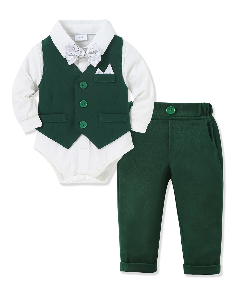 Completini e Coordinati Gentiluomo per Bambino Battesimo, 3 Pezzi Ragazzino Cerimonia Nozze Abiti Camicia Fiocco + Gilet+Pantaloni 0-24 Mese