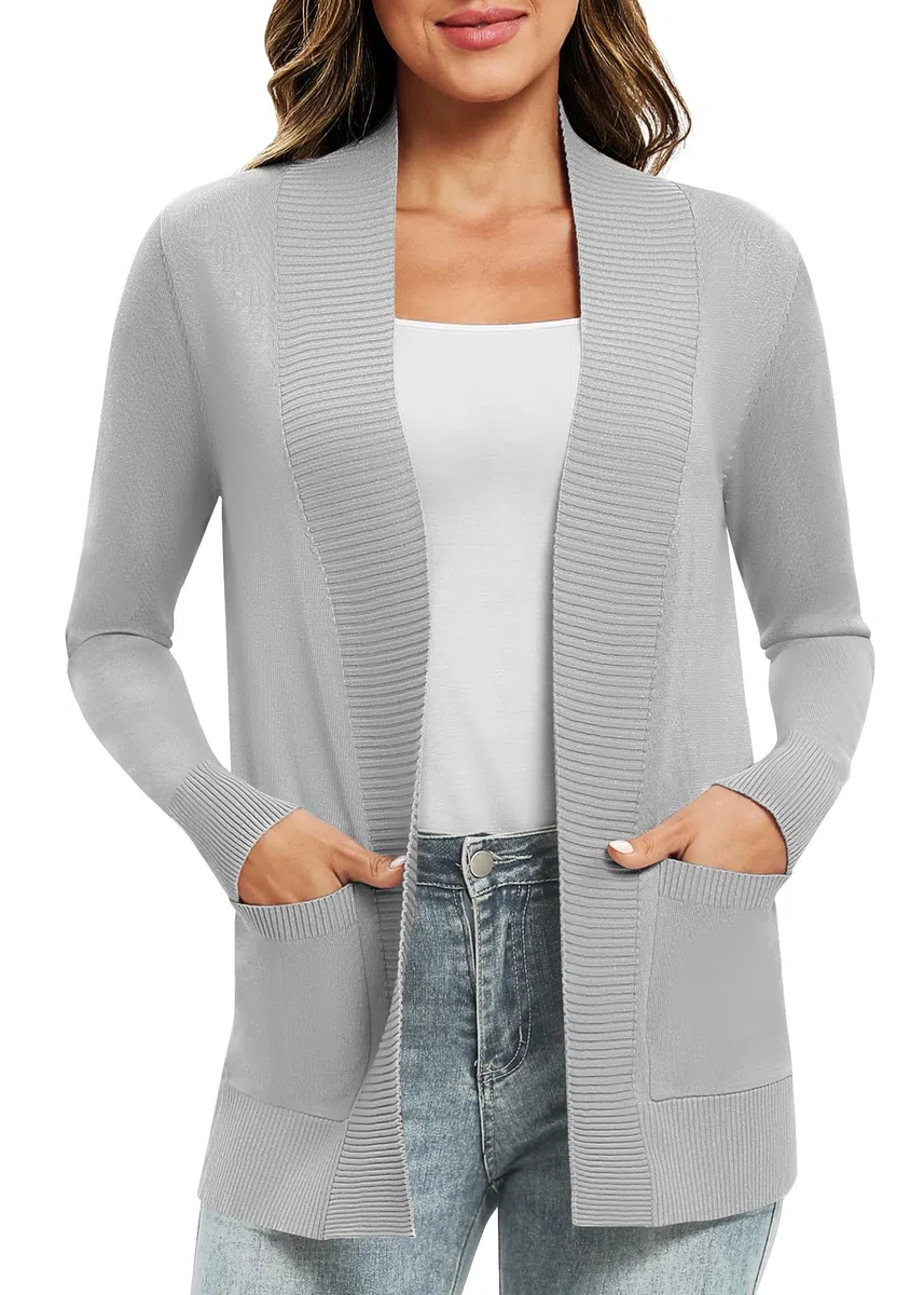 EXCHIC Donna Casuale Manica Lunga Lavorare a Maglia Cardigan Leggero Comodo Fronte Aperto Maglioni Lunghi con Tasche