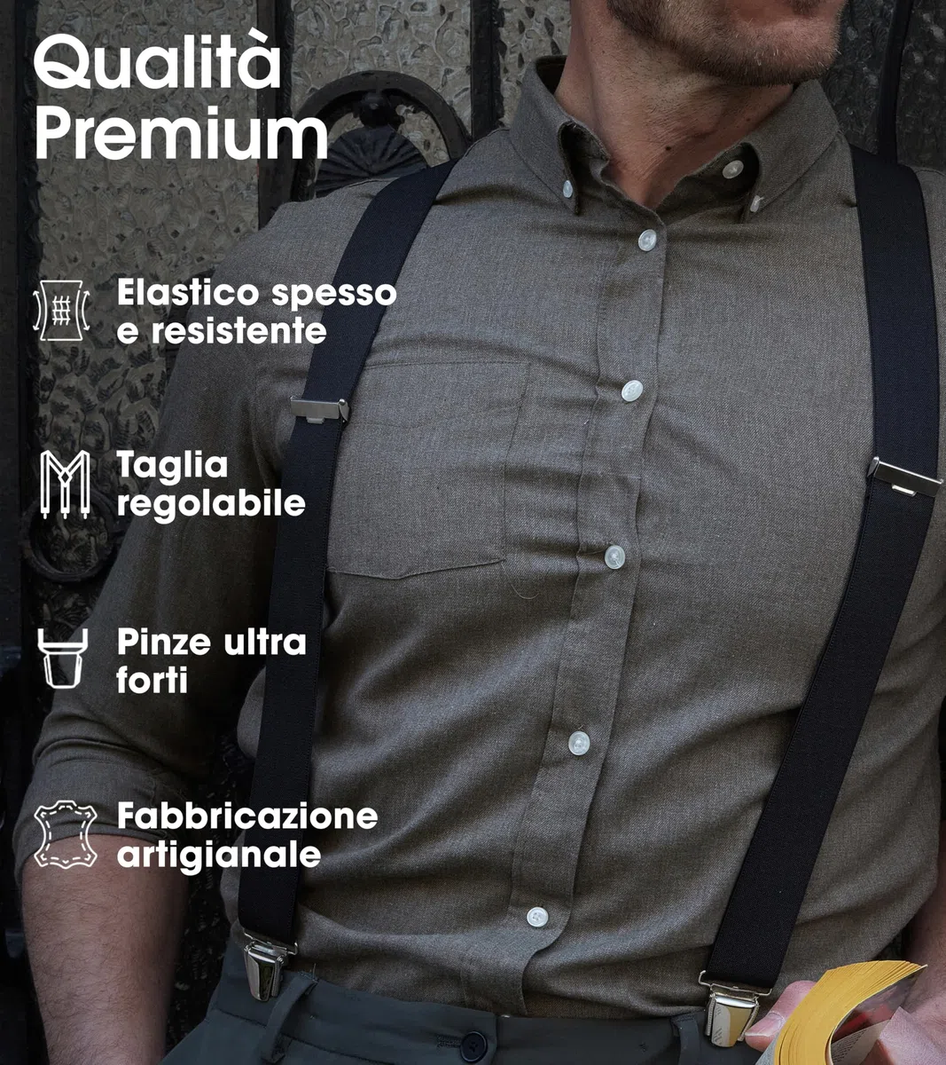 Pierrot Bretelle Uomo Larghe Vintage - Clip molto forti Regolabili Fino A 130cm - Bretelle Uomo Eleganti Artigianali Garantite A Vita