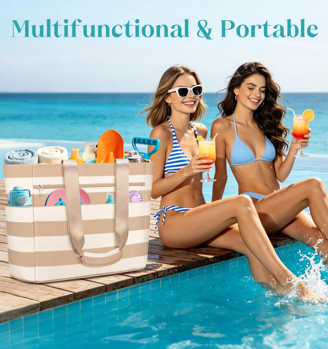 Borsa Spiaggia Donna Grande XXL Famiglia Borsa Mare Impermeabile Borsa Piscina Beach Tote Bag Pieghevole Borse da Viaggio Tracolla Borse da Spiaggia con Cerniera & Multicomparto