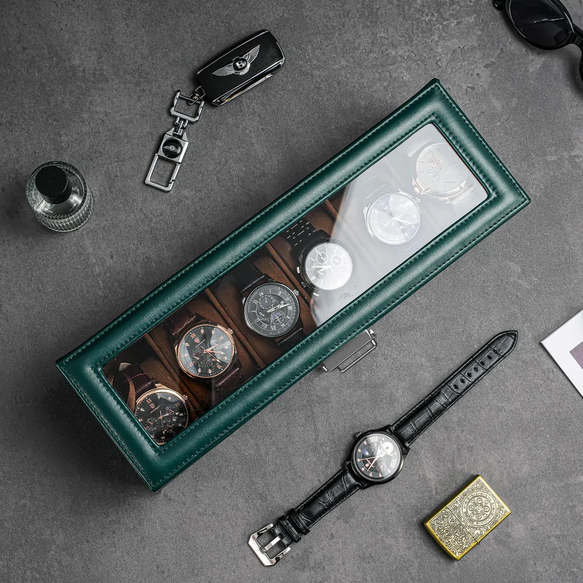 ProCase Scatola per orologi con 6 scomparti, con coperchio in vetro, 2 livelli, con cuscino rimovibile, per gioielli, anelli, bracciali e collane, colore verde