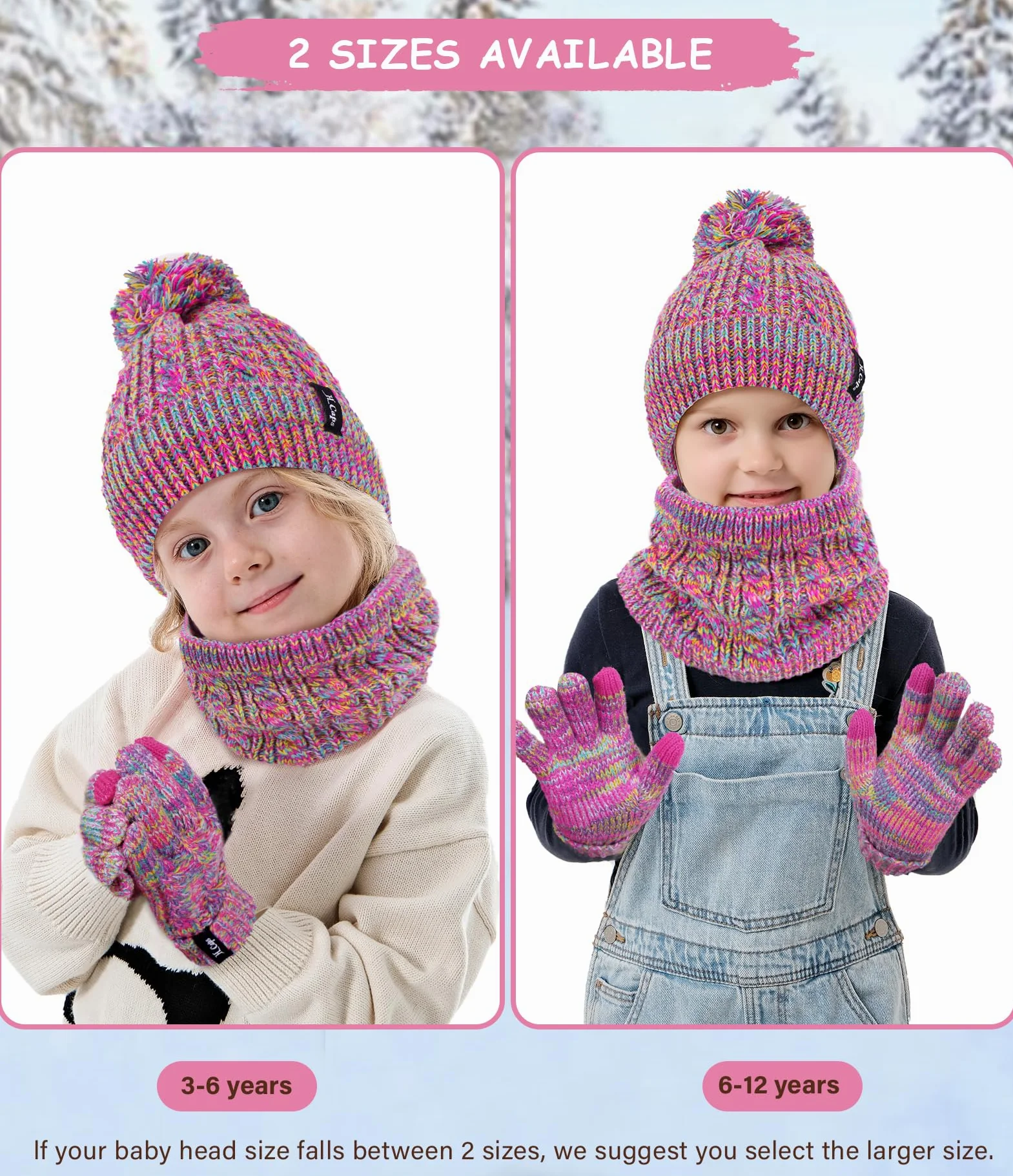 ZASFOU Cappello Invernale Sciarpa Guanti Touch Screen Set per Bambini 3-6-12 Anni Berretto Cappelli in Maglia con Pompon Scaldacollo Guanto Regali per Ragazze Ragazzo