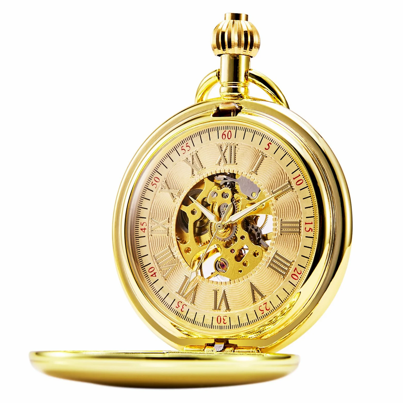TREEWETO Orologio da tasca unisex con catena, analogico, caricamento a mano, retrò, scheletro lucido,