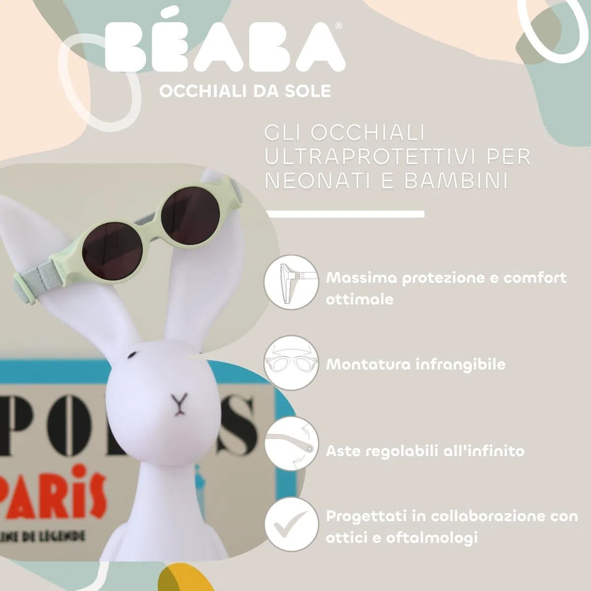 BÉABA Occhiali da Sole Neonato 0-9 Mesi – Protezione 100% UV Categoria 4, Lenti con Schermo Laterale, Comfort Ottimale, Fascia Elastica Regolabile –Menta