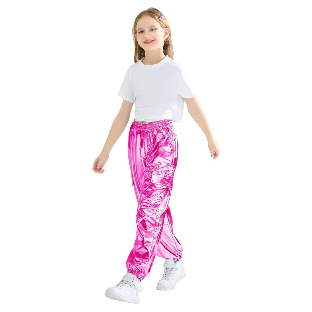Rolanko Ragazze Pantaloni Cargo Metallizzati, Hip Hop da Ballo Streetwear con Vita Elastica per Bambini
