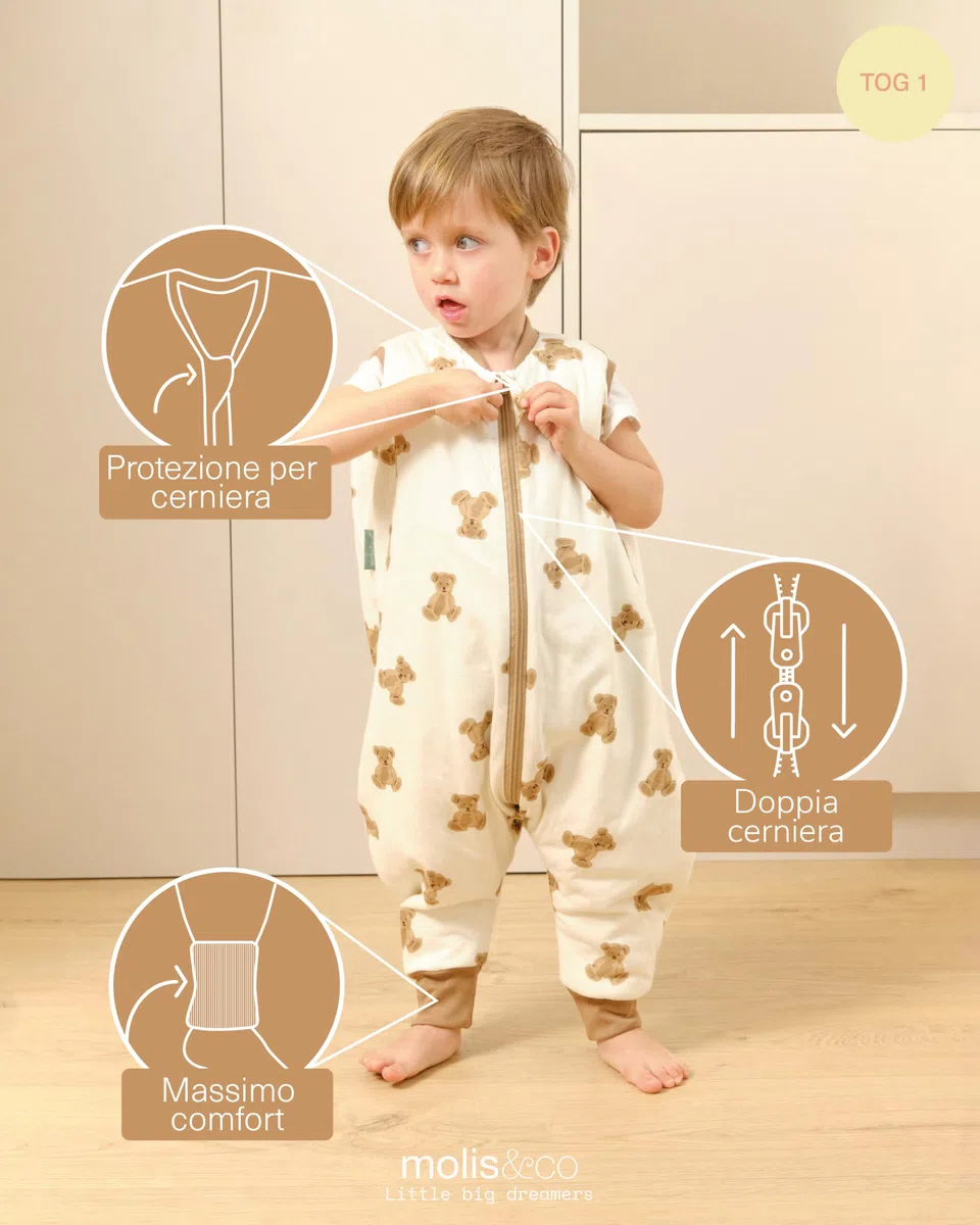 molis&co. Sacco Nanna con piedini - Sacco nanna primaverile e autunno - Sacco nanna 1 tog per Bambini - Leggermente Imbotito - 100% Cotone (Oeko-TEX 100) - Teddy (3 anni)