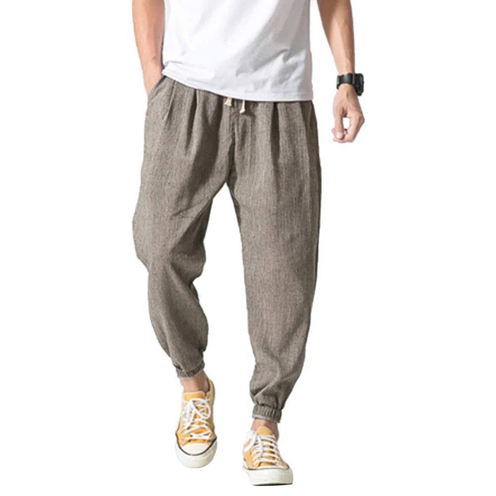 Vanvene - Pantaloni casual da uomo in lino e cotone, leggeri e larghi, da spiaggia, yoga, gamba ampia