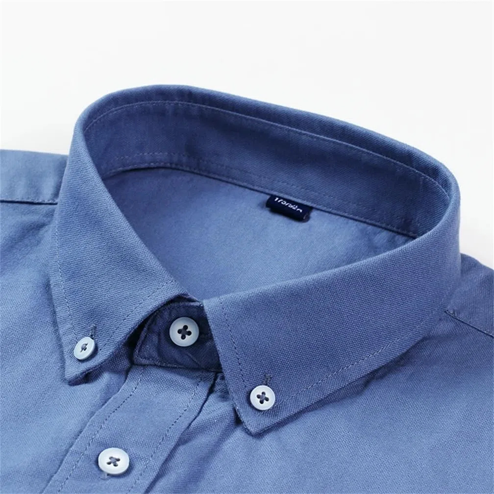 Camicia casual da uomo in cotone tinta unita a maniche lunghe con colletto a bottoni camicia da lavoro con tasca sul petto