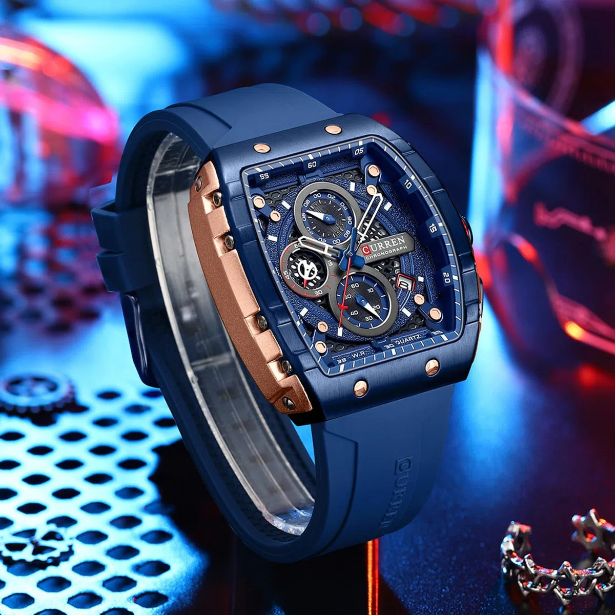 FORSINING Orologio da polso da uomo, analogico, al quarzo, alla moda, rettangolare, grande quadrante, cinturino in silicone, impermeabile, orologio militare con calendario e data